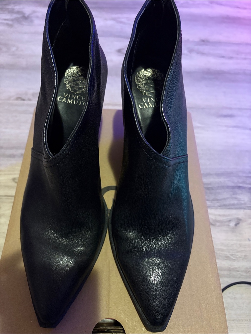 Vince Camuto Black Pointed Toe Leather Ankle Booties